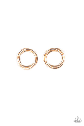 Shimmery gold bars swirl into a dainty hoop for a casual look. Earring attaches to a standard post fitting.