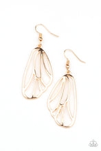 Load image into Gallery viewer, Glistening gold bars fan out into a pair of delicately scalloped wings, creating a whimsical display. Earring attaches to a standard fishhook fitting.  Sold as one pair of earrings.
