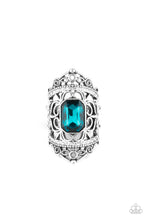 Load image into Gallery viewer, Infused with two bands of glittery white rhinestones, smooth and studded silver filigree branches out into a regal backdrop across the finger. Featuring an emerald style cut, a glittery blue rhinestone embellishes the center for a royal finish. Features a stretchy band for a flexible fit.
