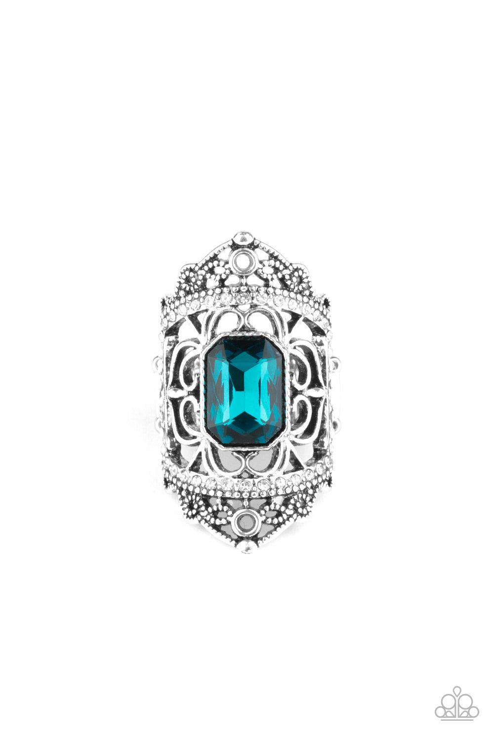 Infused with two bands of glittery white rhinestones, smooth and studded silver filigree branches out into a regal backdrop across the finger. Featuring an emerald style cut, a glittery blue rhinestone embellishes the center for a royal finish. Features a stretchy band for a flexible fit.