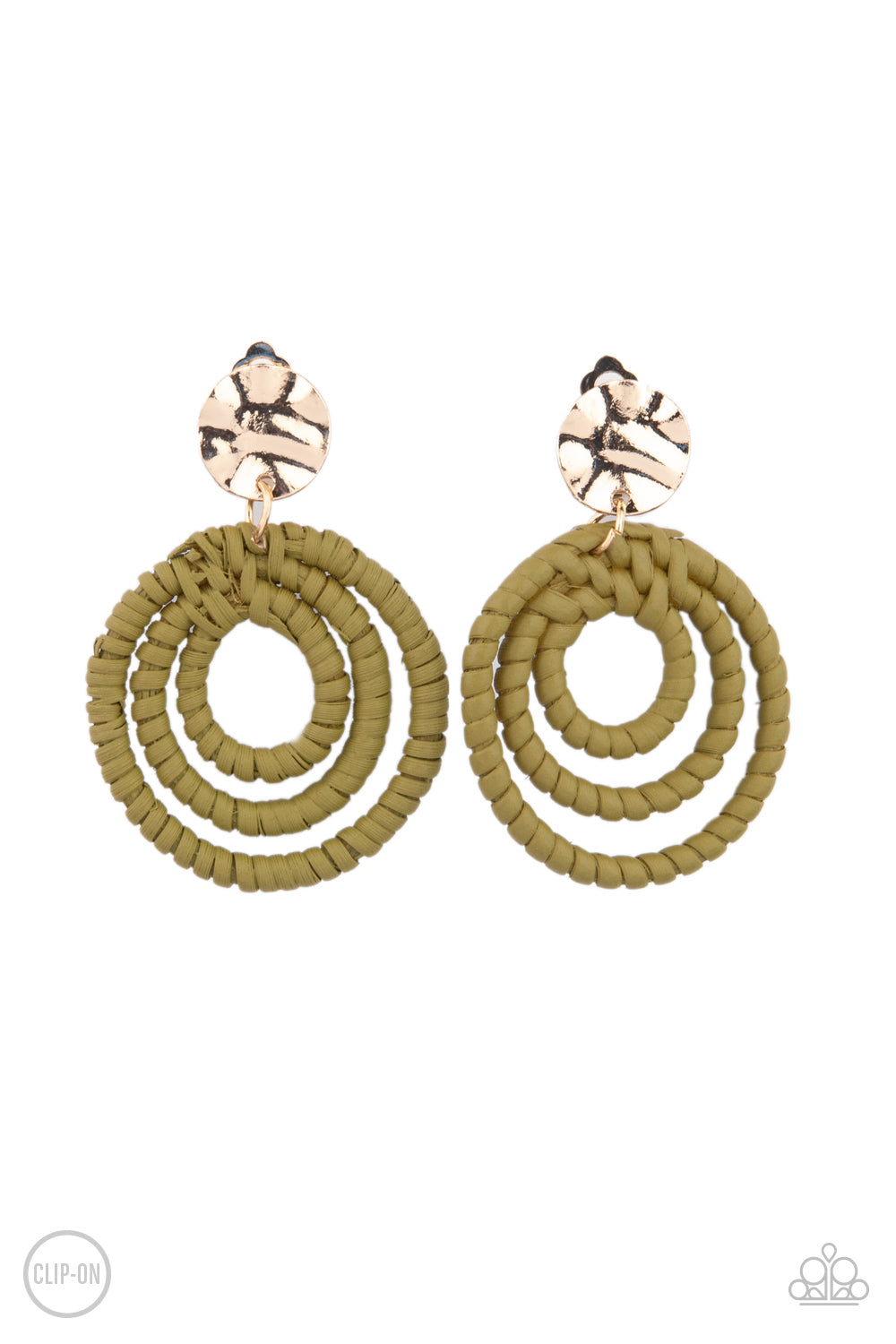 A hammered gold disc attaches to rippling hoops wrapped in green wicker-like cording, creating an earthy lure. Earring attaches to a standard clip-on fitting.  Sold as one pair of clip-on earrings.  New Kit Clip On Earring