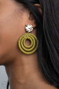 A hammered gold disc attaches to rippling hoops wrapped in green wicker-like cording, creating an earthy lure. Earring attaches to a standard clip-on fitting.  Sold as one pair of clip-on earrings.  New Kit Clip On Earring