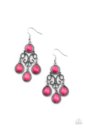 Vivacious pink stone dotted frames swing from the bottom of a filigree filled chandelier dotted with a matching pink stone, creating an earthy fringe. Earring attaches to a standard fishhook fitting.  Sold as one pair of earrings.