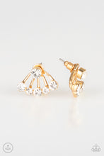 Load image into Gallery viewer, A solitaire white rhinestone attaches to a double-sided post, designed to fasten behind the ear. Radiating with a flared row of glassy white rhinestones, the double sided-post peeks out beneath the ear for an edgy look. Earring attaches to a standard post fitting.
