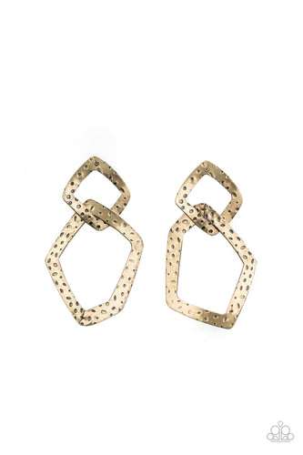 Hammered in antiqued dotted textures, asymmetrical brass frames link into edgy geometric shapes for a grunge inspired look. Earring attaches to a standard post fitting.