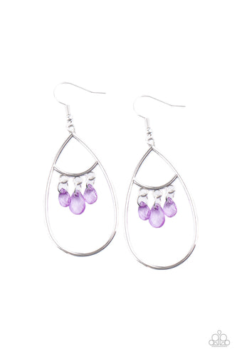 Faceted purple teardrops swing from the top of a shimmery silver teardrop, creating a colorful fringe. Earring attaches to a standard fishhook fitting.