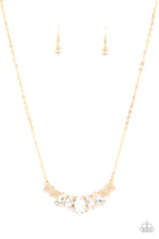 Load image into Gallery viewer, Featuring a dramatically oversized white teardrop rhinestone center, dainty white rhinestone encrusted gold frames connect with pairs of glassy marquise cut rhinestones below the collar for a sparkly statement-making look. Features an adjustable clasp closure.  Sold as one individual necklace. Includes one pair of matching earrings.
