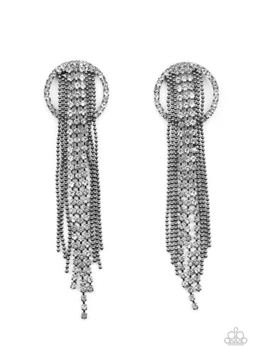 Dainty strands of glassy white rhinestones and shimmery gunmetal ball-chain stream from the top of a bedazzled white rhinestone hoop, creating a dazzling fringe. Earring attaches to a standard post fitting.