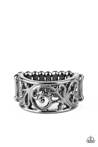 Brushed in a high-sheen shimmer, shiny gunmetal filigree vines across the finger for a simple seasonal look. Features a dainty stretchy band for a flexible fit.  Sold as one individual ring.