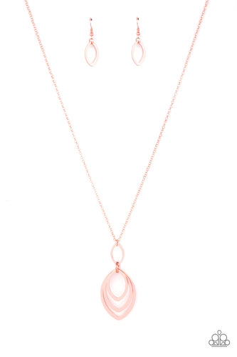 Almond shaped shiny copper frames link to a matching shiny copper frame attached to the bottom of a lengthened shiny copper chain, creating a dizzying pendant. Features an adjustable clasp closure.  Sold as one individual necklace. Includes one pair of matching earrings.