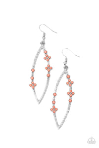 Dainty Burnt Coral beads adorn the front of a textured silver frame, creating colorful floral accents. Earring attaches to a standard fishhook fitting.  Sold as one pair of earrings.