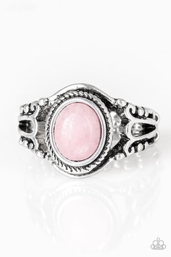 A tranquil pink stone is pressed into the center of a studded silver band for a seasonal look. Features a dainty stretchy band for a flexible fit.