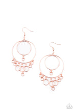 Load image into Gallery viewer, A dainty collection of shiny copper rings swing from the bottom of interconnected shiny copper hoops, creating a dizzying fringe. Earring attaches to a standard fishhook fitting.  Sold as one pair of earrings.
