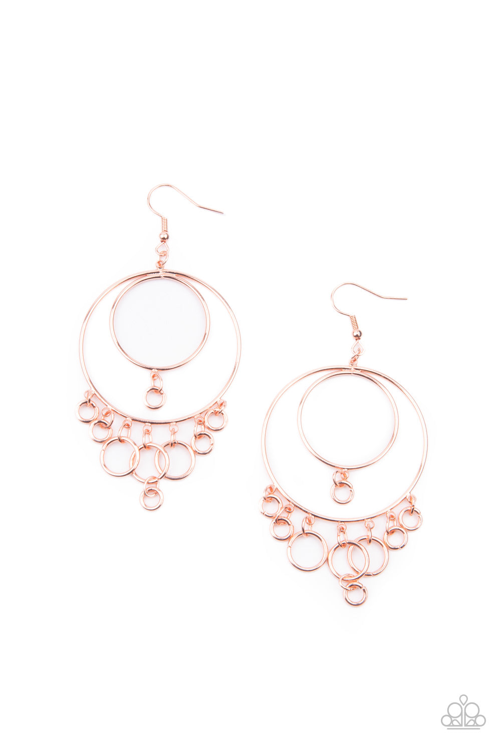 A dainty collection of shiny copper rings swing from the bottom of interconnected shiny copper hoops, creating a dizzying fringe. Earring attaches to a standard fishhook fitting.  Sold as one pair of earrings.
