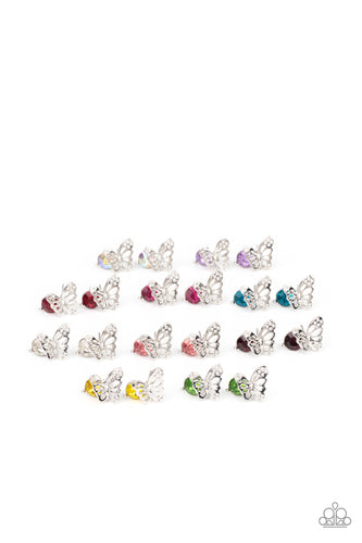 Airy silver butterfly frames featuring glittery rhinestones vary in shades of green, yellow purple, pink, white, blue, red, purple, and multicolored. Earrings attach to standard post fittings.  Sold as a set of 10 for $10