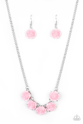 Attached to a shimmery silver chain, a dainty collection of pink resin roses collect beneath the collar for a whimsical look. Features an adjustable clasp closure.  Sold as one individual necklace. Includes one pair of matching earrings
