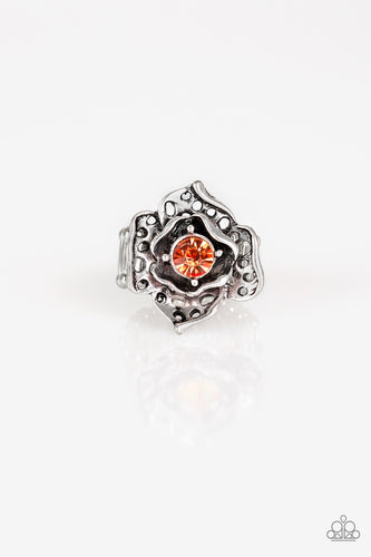 Featuring airy cut-out textures, antiqued silver petals gather around a glowing orange rhinestone center for a whimsical look. Features a stretchy band for a flexible fit.  Sold as one individual ring.