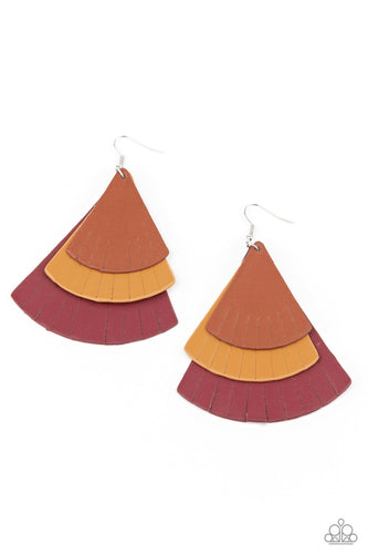 Featuring tapered edges, brown, tan, and Samba leather triangular frames delicately overlap into a colorfully rustic frame. Earring attaches to a standard fishhook fitting.  Sold as one pair of earrings.