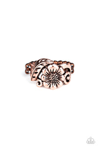 Brushed in an antiqued shimmer, a leafy copper frame and blooming floral centerpiece delicately join into a whimsical band around the finger. Features a dainty stretchy band for a flexible fit.