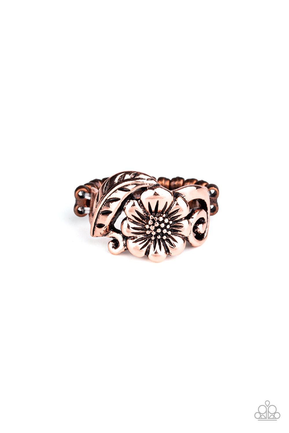 Brushed in an antiqued shimmer, a leafy copper frame and blooming floral centerpiece delicately join into a whimsical band around the finger. Features a dainty stretchy band for a flexible fit.