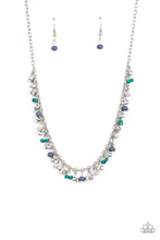 Load image into Gallery viewer, A variety of faceted Arcadia, Sailor Blue, and Harbor Mist beads swing from a shimmery silver chain, creating a flirtatious fringe below the collar. Faceted silver beads trickle between the colorful beads, adding a hint of shimmer to the seasonal design. Features an adjustable clasp closure.  Sold as one individual necklace. Includes one pair of matching earrings.   Get The Complete Look! Bracelet: &quot;Aquatic Adventure - Blue&quot; (Sold Separately)
