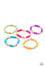 Load image into Gallery viewer, Featuring a variety of rubbery multicolored accents, the colorful stretchy bracelets vary in shades of blue, green, purple, pink, and orange.
