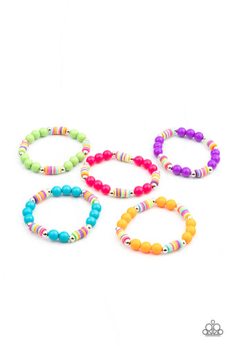 Featuring a variety of rubbery multicolored accents, the colorful stretchy bracelets vary in shades of blue, green, purple, pink, and orange.