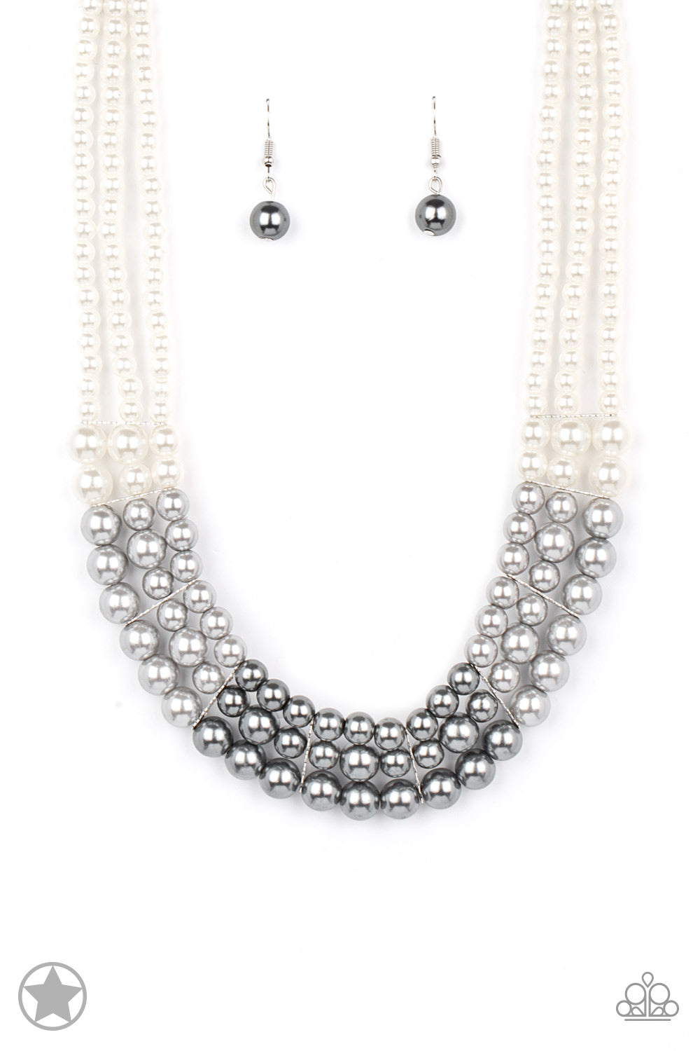 Strands of white, silver, and dark gray pearls elegantly drape below the collar, creating a beautiful ombre effect. Sectioned by silver accents, the luminescent pearls radiantly fall into a glamorous cascade. Features an adjustable clasp closure.