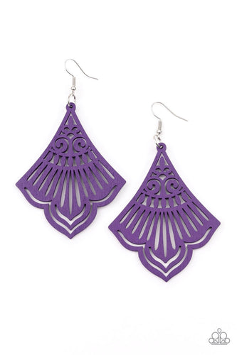 Painted in a vivacious purple finish, a scalloped wooden frame is cutout in airy stenciled details for a whimsical finish. Earring attaches to a standard fishhook fitting.