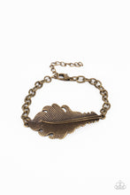 Load image into Gallery viewer, Etched and embossed in lifelike detail, a rustic brass feather centerpiece attaches to an antiqued brass chain around the wrist. Features an adjustable clasp closure.  Sold as one individual bracelet.
