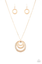 Load image into Gallery viewer, Embossed in swirling tribal detail, gold frames swing from the bottom of an elongated gold chain, creating an airy stacked pendant. Features an adjustable clasp closure.
