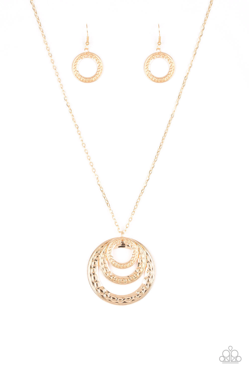 Embossed in swirling tribal detail, gold frames swing from the bottom of an elongated gold chain, creating an airy stacked pendant. Features an adjustable clasp closure.