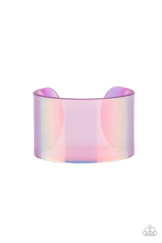 Featuring a holographic shimmer, a thick purple acrylic cuff wraps around the wrist for a retro inspired fashion.  Sold as one individual bracelet.