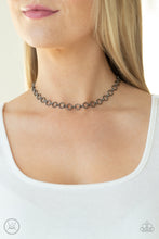 Load image into Gallery viewer, Attached to dainty fittings, a collection of shiny gunmetal links connect around the neck for a minimalist inspired fashion. Features an adjustable clasp closure.  Sold as one individual choker necklace. Includes one pair of matching earrings.  New Kit Choker
