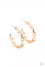 Load image into Gallery viewer, An immovable row of gold chain delicately twists into an edgy hoop for an intense industrial vibe. Earring attaches to a standard post fitting. Hoop measures approximately 1 3/4&quot; in diameter.  Sold as one pair of hoop earrings.
