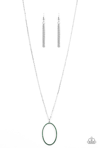 Encrusted in glassy green rhinestones, an airy silver hoop swings from the bottom of a lengthened silver chain for a refined flair. Features an adjustable clasp closure.