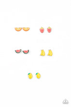 Load image into Gallery viewer, The fruity frames include sliced oranges, strawberries, bananas, lemons, and sliced melon. Earrings attach to standard post fittings.
