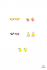 The fruity frames include sliced oranges, strawberries, bananas, lemons, and sliced melon. Earrings attach to standard post fittings.