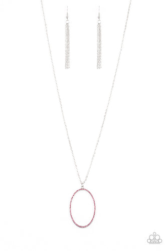 Encrusted in glassy pink rhinestones, an airy silver hoop swings from the bottom of a lengthened silver chain for a refined flair. Features an adjustable clasp closure.