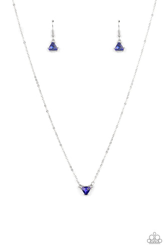 Encased in a sleek silver fitting, a triangular French Blue rhinestone attaches to a classic silver chain below the collar for a colorfully dainty look. Features an adjustable clasp closure.  Sold as one individual necklace. Includes one pair of matching earrings.