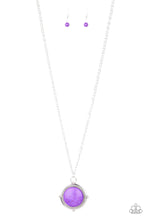 Load image into Gallery viewer, A vivacious purple stone is pressed into a shimmery silver frame radiating with metallic rope-like texture, creating a bold pendant at the bottom of a lengthened silver chain. Features an adjustable clasp closure.
