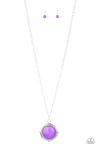 A vivacious purple stone is pressed into a shimmery silver frame radiating with metallic rope-like texture, creating a bold pendant at the bottom of a lengthened silver chain. Features an adjustable clasp closure.