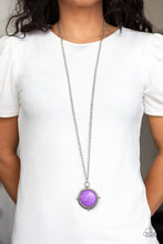 Load image into Gallery viewer, A vivacious purple stone is pressed into a shimmery silver frame radiating with metallic rope-like texture, creating a bold pendant at the bottom of a lengthened silver chain. Features an adjustable clasp closure.

