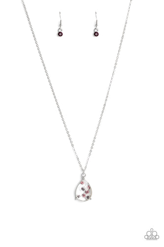 An illusion of dainty purple rhinestones collect inside a faceted white teardrop gem, creating a glittery pendant below the collar. Features an adjustable clasp closure.  Sold as one individual necklace. Includes one pair of matching earrings.