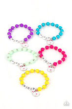 Load image into Gallery viewer, Infused with a dainty rabbit charm and beads that spell out, &quot;Hop,&quot; across the wrist, the stretchy bracelets feature polished beads that vary in shades of blue, pink, purple, yellow, and green
