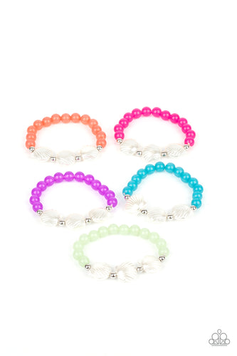 Featuring pearly shell beaded accents, the stretchy beaded bracelets vary in shades of coral, pink, purple, blue, and green.