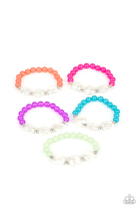 Featuring pearly shell beaded accents, the stretchy beaded bracelets vary in shades of coral, pink, purple, blue, and green.