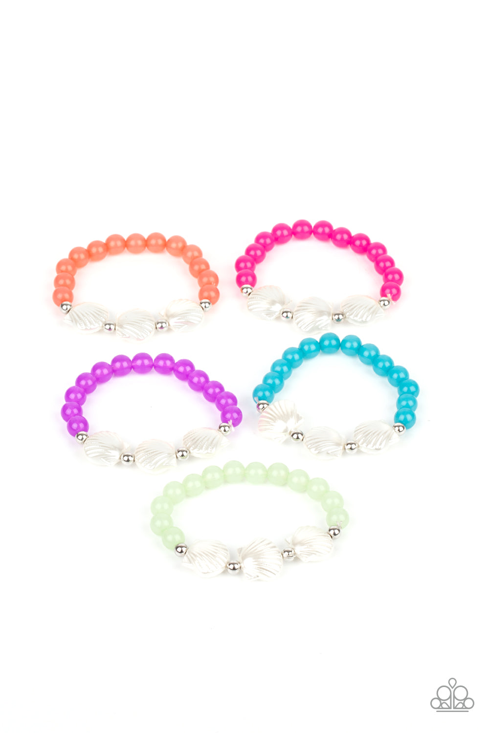 Featuring pearly shell beaded accents, the stretchy beaded bracelets vary in shades of coral, pink, purple, blue, and green.