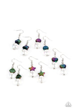 Load image into Gallery viewer, Featuring oversized glassy white beads, the earrings include iridescent beaded accents that feature round, heart, star, floral, and square-like shapes. Earrings attach to standard fishhook fittings
