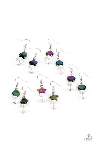 Featuring oversized glassy white beads, the earrings include iridescent beaded accents that feature round, heart, star, floral, and square-like shapes. Earrings attach to standard fishhook fittings